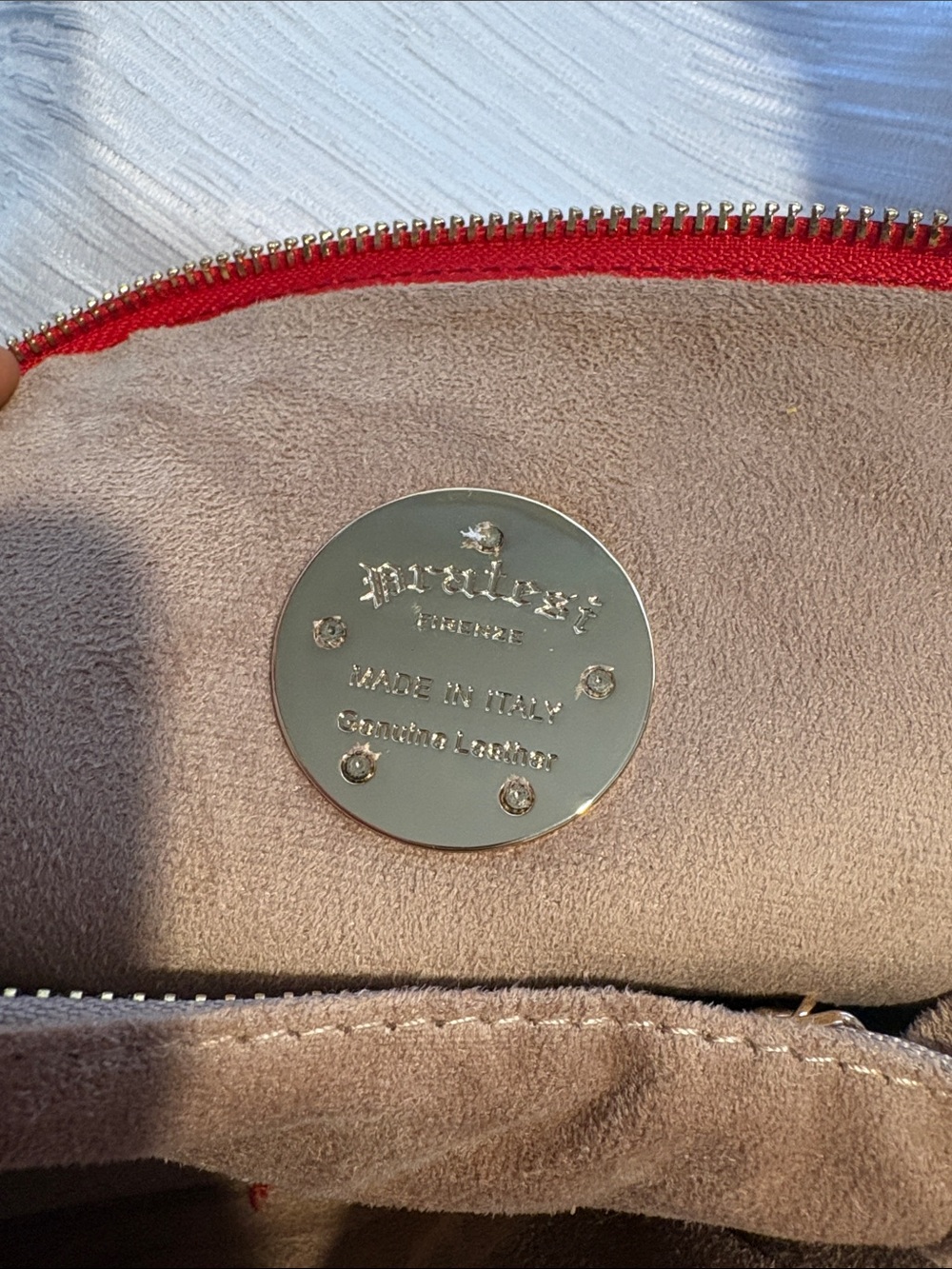 Prelesty Firenze Beige Suede Shoulder Bag with Red Trim